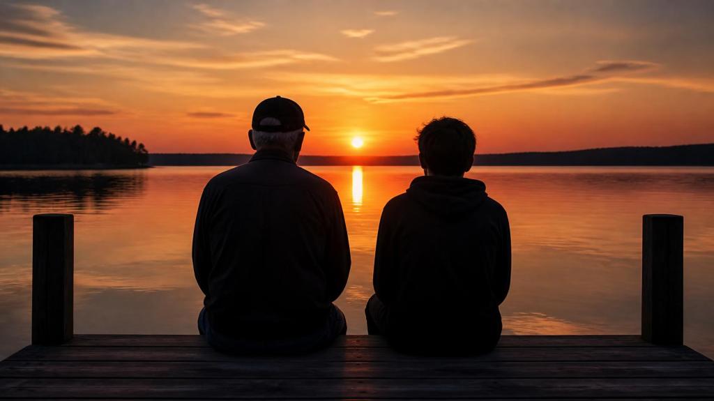 An older man and a young boy sitting on a dock, gazing at a sunset over a calm lake.